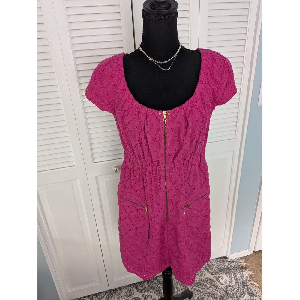 Phoebe Couture Eyelet Dress Women's 8 Pink Purple Lace Gold Zipper Garden Party